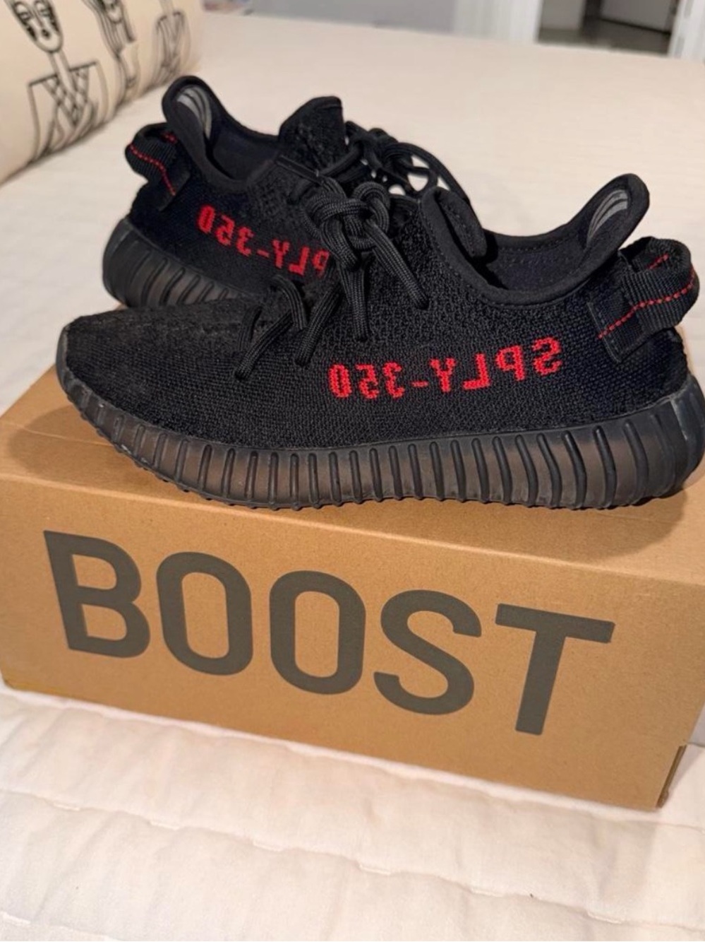 Yeezy Boost 350 V2 Black with Red Accent Kids Sneakers